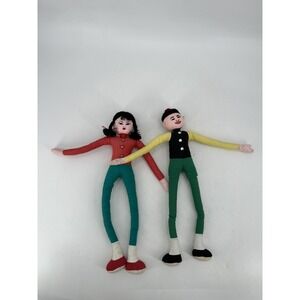 VTG Pair of Sitter Kneeler Dolls Chinese Hong Kong Cloth Girl And Boy Long Limbs
